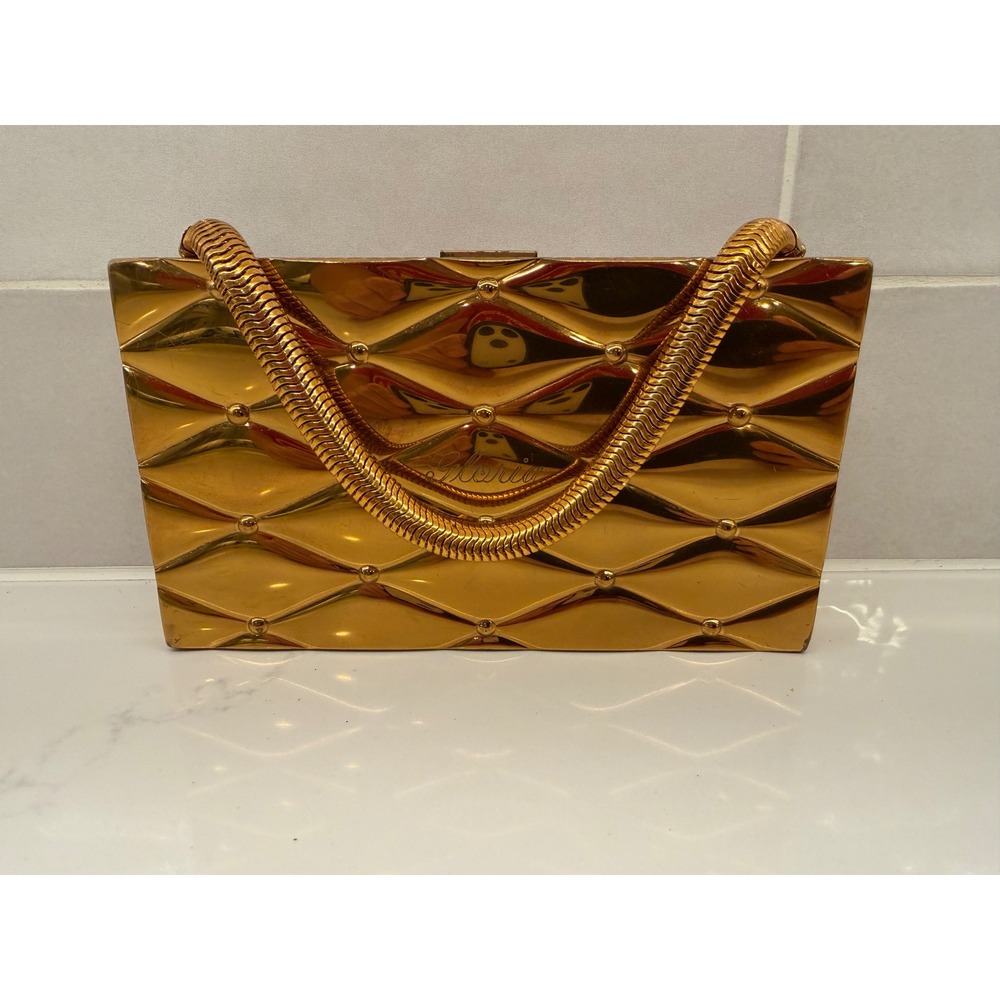 Evans Vanity Case Clutch Vintage Gold Quilted Metal Small Gloria Mid Century Art